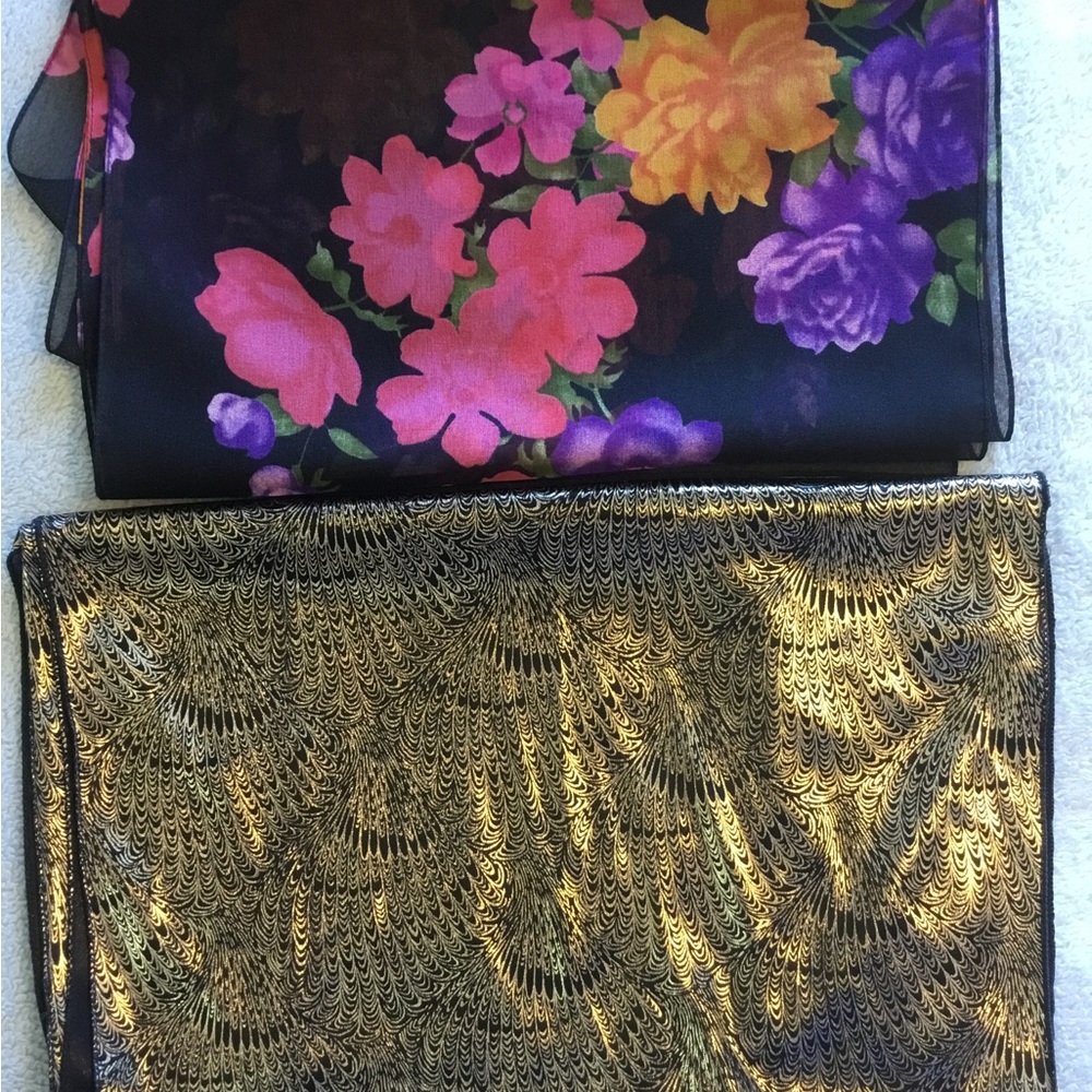 2 SCARVES/WRAPS/SCHAWLS  BUNDLED. Black/ gold design. Floral on Black.